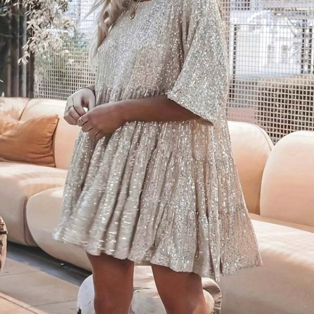 Shein Plus Sequin Round Neck Half Sleeve Loose Babydoll Dress
